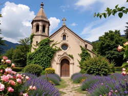 Drzewa, Kościół, Róże, Lawenda, Kwiaty, Krzewy