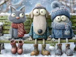 Zima, Pies, Ludzik, Ławka, Kot, Grafika AI