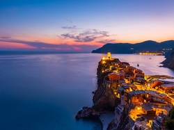 Morze, Liguria, Światła, Wybrzeże, Vernazza, Włochy, Domy