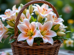 Wiklinowy, Biało-pomarańczowe, Lilie, Koszyk, Pąki