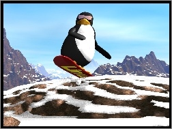 Linux, Śnieg, Snowbord, Pingwin, Zima