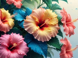 Krople, Hibiskusy, Kwiaty, Liście, Kolorowe, Grafika