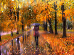 Liście, Kobieta, Parasol, Deszcz, Jesień, Drzewa