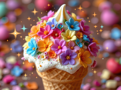 Kolorowe, Lód, Lody, Kwiaty, Wafelek