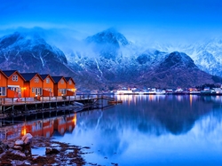 Lofoty, Mgła, Norwegia, Wioska, Wybrzeże, Góry