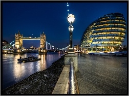 Londyn, Tower Bridge, Oświetlony, Tamiza