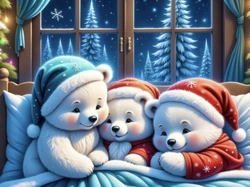 Choinki, Czapki, Okno, Trzy, AI, Zima, Misie, Łóżko