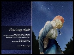 noc, Fate Stay Night, przytulenie, niebo, ludzie