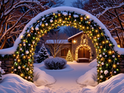 Łuk, Dom, Oświetlenie, Boże Narodzenie, Zaspy, Drzewa, Zima, Dekoracja