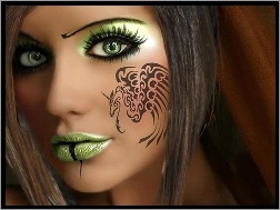 Makijaż, Oczy, Zielone, Kobieta, Tatuaż