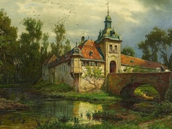 Most, Obraz, Malarz, Zamek, Drzewa, August Levin von Wille, Malarstwo, Fosa