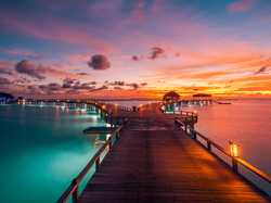 Malediwy, Pomosty, Zachód słońca, Morze, Domki