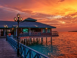 Malediwy, Zachód, Słońca, Wyspa, Restauracja, Ocean
