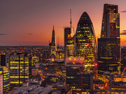 Londyn, Wieżowiec 30 St Mary Axe, Zachód słońca, City of London, Anglia, Panorama miasta