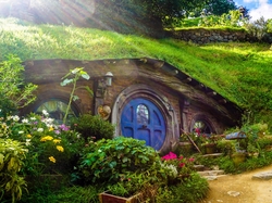 Hobbit, Hobbiton, Atrakcja turystyczna, Miejscowość Matamata, Nowa Zelandia, Ogródek, Plan filmowy, Dom