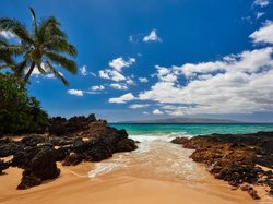 Wyspa Maui, Chmury, Skały, Ocean, Hawaje, Palmy