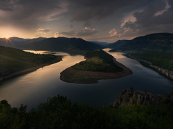 Bułgaria, Góry Rodopy, Zachód słońca, Zakole, Rzeka Arda, Meander