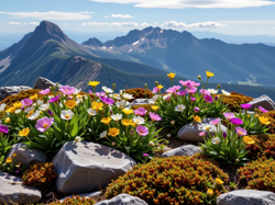 Góry, Kolorowe, Kamienie, Mech, Kwiaty, Grafika AI