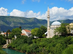 Mostar, Drzewa, Góry, Meczet Koski Mehmed Pasha, Bośnia i Hercegowina, Rzeka Neretva