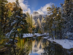 Śnieg, Rzeka, Merced River, Kalifornia, Stany Zjednoczone, Góry, Park Narodowy Yosemite, Drzewa