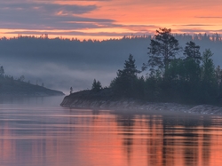 Wschód słońca, Ładoga, Wyspa, Karelia, Rosja, Drzewa, Jezioro, Mgła