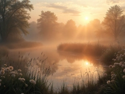 Świt, Jezioro, Drzewa, Mgła, Rośliny, Grafika AI