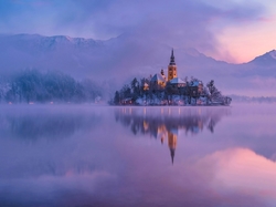 Świt, Jezioro Bled, Góry, Kościół, Wyspa, Słowenia, Mgła