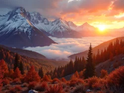 Drzewa, Dolina, Las, Jesień, Chmury, Niebo, Góry, Mgła