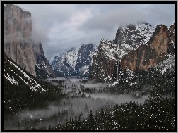 Park Narodowy Yosemite, Lasy, Mgła, Dolina Yosemite Valley, Kalifornia, Góry