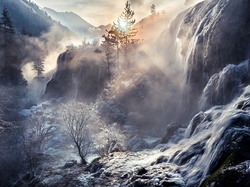 Mgła, Góry, Wschód słońca, Zima, Wodospad