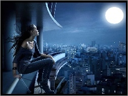 Miasta, Dziewczyna, Księżyc, Panorama