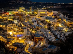 Miasto nocą, Noc, Santorini, Grecja, Domy