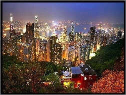 Miasto, Chmur, Drapacze, Hong Kong, Oświetlone