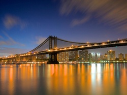 Nocą, Brookliński, Nowy Jork, Rzeka, Manhattan, USA, Most, Miasto
