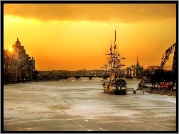 Miasto, Zachód Słońca, Petersburg, Statek