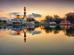Minaret, Zachód, Słońca, Jezioro, Meczet, Drzewa