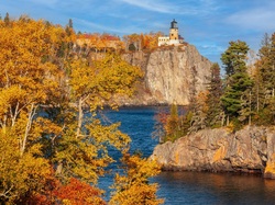 Jezioro, Split Rock Lighthouse, Lake Superior, Jesień, Stany Zjednoczone, Minnesota, Latarnia, Skały