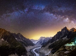 Noc, Chamonix-Mont-Blanc, Góry, Namiot, Droga Mleczna, Niebo, Francja, Gwiazdy