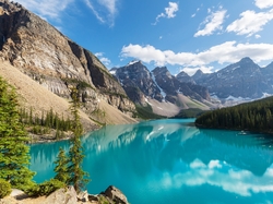 Prowincja Alberta, Drzewa, Chmury, Park Narodowy Banff, Kanada, Jezioro Moraine