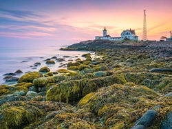 Skały, Wschód słońca, Stan Massachusetts, Cape Cod Bay, Morze, Zatoka, Stany Zjednoczone, Nobska Point Light, Latarnia morska