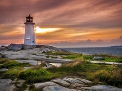 Chmury, Latarnia morska: Peggys Point Lighthouse, Morze, Skały, Kamienie, Kanada, Trawa