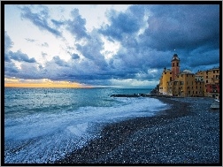 Morze, Liguria, Włochy, Chmury, Kościół, Camogli