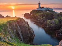 Portsalon, Fanad Head Lighthouse, Morze, Hrabstwo Donegal, Irlandia Północna, Skały, Latarnia morska, Zachód słońca