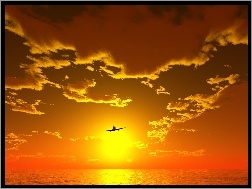 Morze, Zachód, Samolot, Słońca