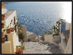 Morze, Grecja, Santorini, Schody