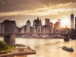 Rzeka, Nowy Jork, Zachód Słońca, Most, Stany Zjednoczone, Drapacze Chmur, Brooklyn Bridge