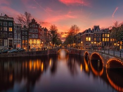 Światła, Zachód słońca, Amsterdam, Kanał Leidsegracht, Most, Rzeka, Holandia, Domy, Drzewa