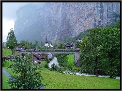 Most, Lauterbrunnen, Szwajcaria, Drzewa, Rzeka, Góra