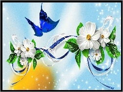 Motyl, Kwiatki, Grafika, Niebieski