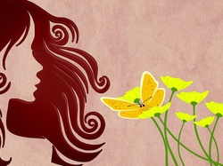 Motyl, Włosy, Kobieta, Kwiaty
